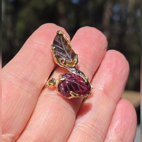 Tourmaline 16k & Rhodalite & Citrine Sterling & Gold Wrap Ring Sz9 Adjustable - Picture 6 of 9